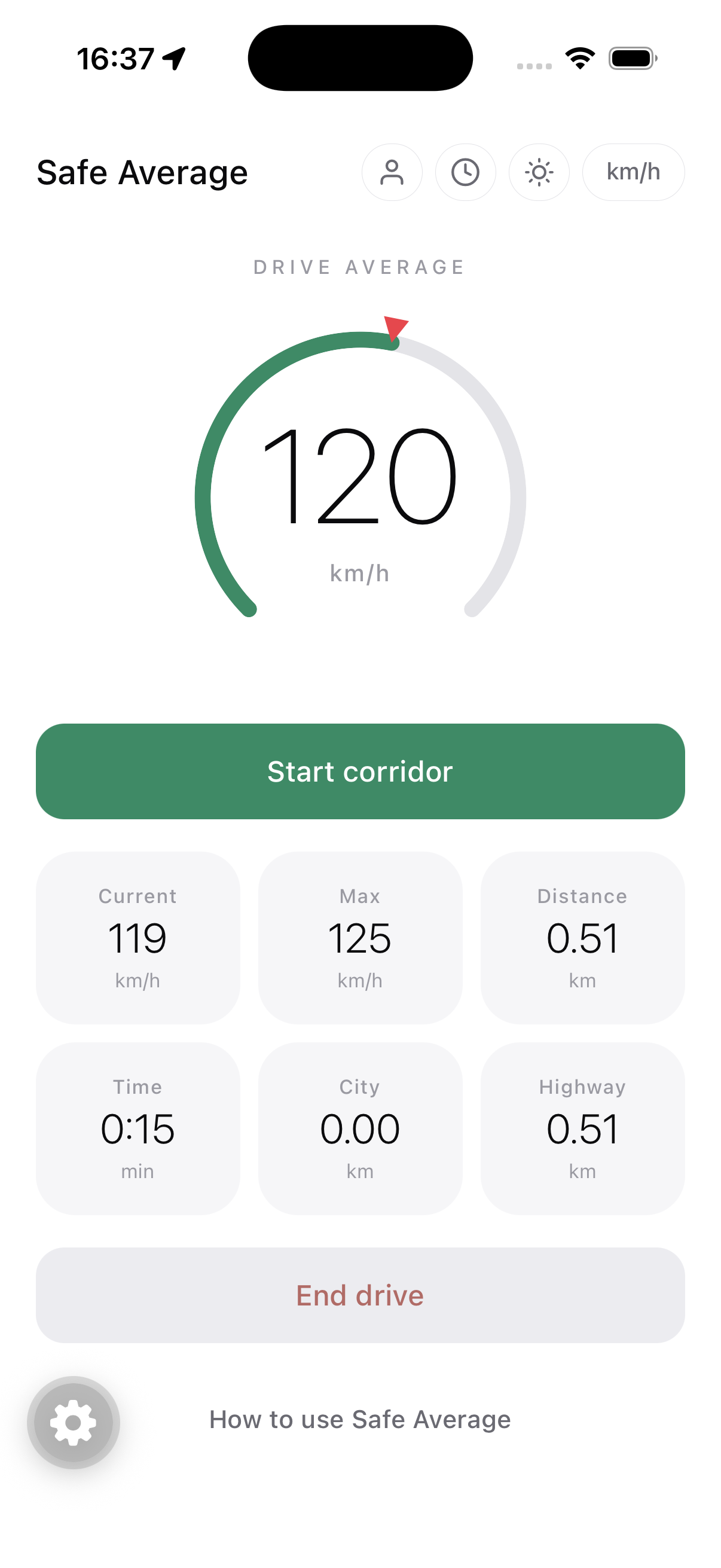 Drive screen with the live dial at 120 km/h