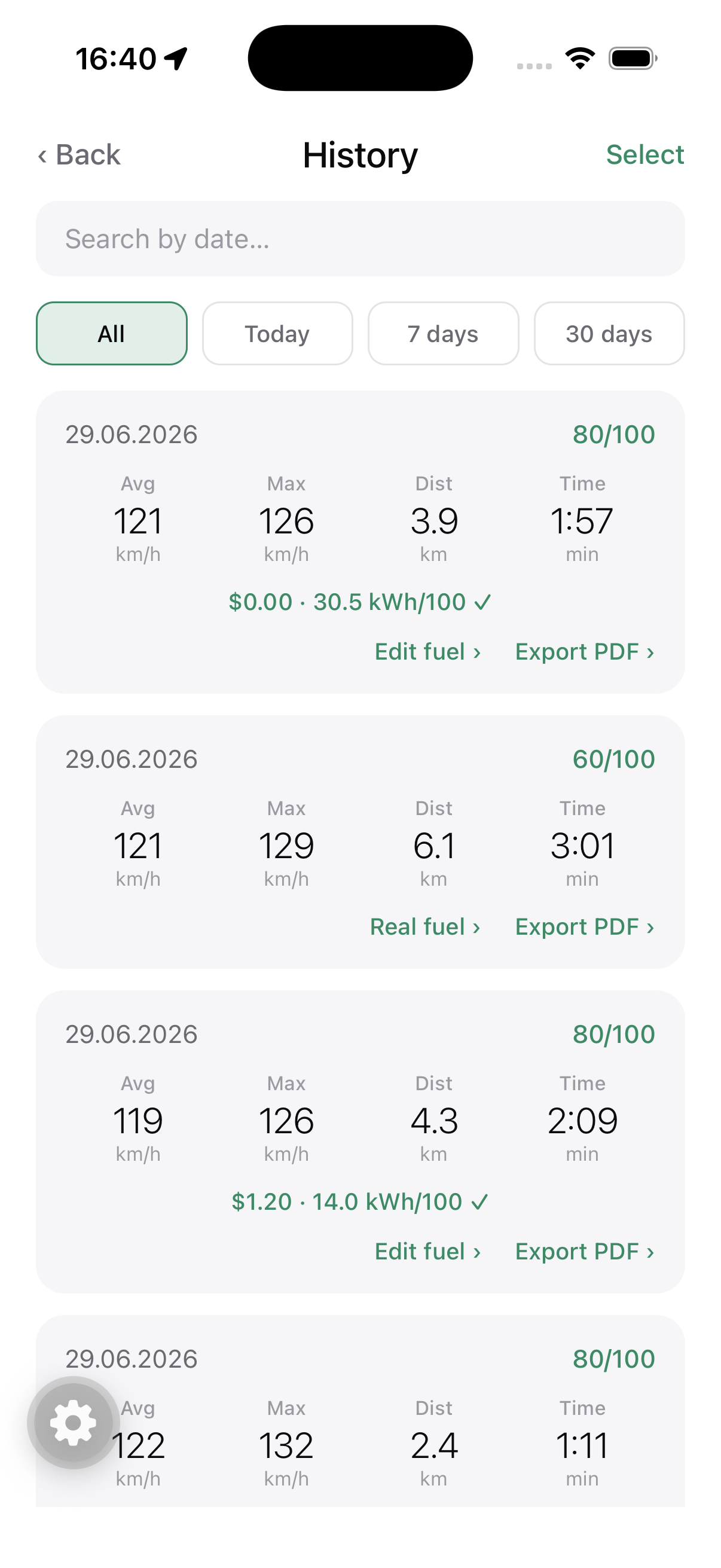 History list with scores, fuel figures and Export PDF