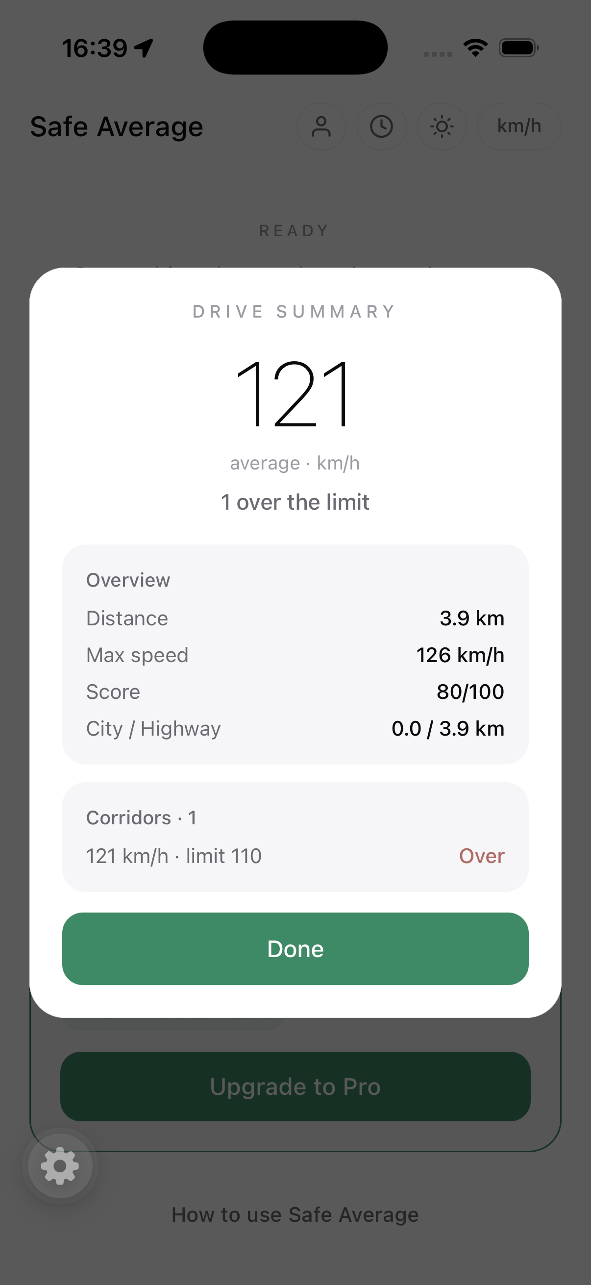Drive summary with average, distance, score and corridor result